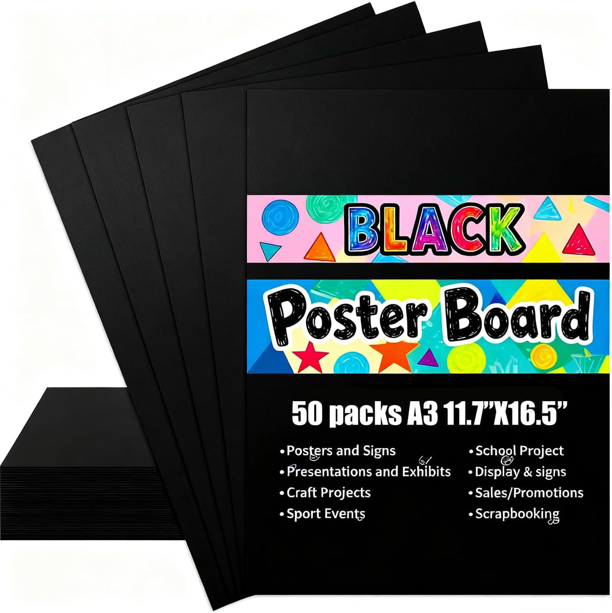 50 Pack A3 Black Poster Board, 300 GSM, 16.5 x 11.7 Inches, DIY projects, presentations, school projects, event decorations, Not for Printer (50)