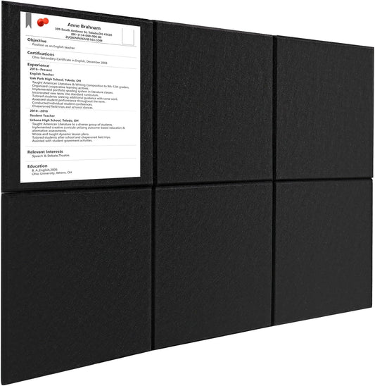 Large Cork Board for Wall 36" x 24", Black Bulletin Board, 6 Pack Felt Wall Tiles with Pushpins, Cork Boards for Office Push Pin Board Tack Board Felt Board, Black