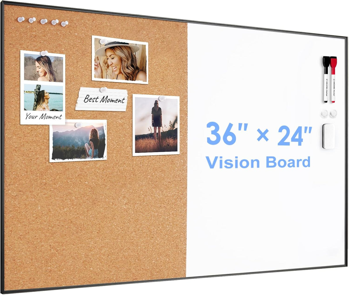 ARCOBIS Cork Board White Board Combo, 36 x 24 Inch Bulletin Board, Magnetic Dry Erase Board & Corkboard for Wall, Vision Board for Home, Office, School, Black Frame