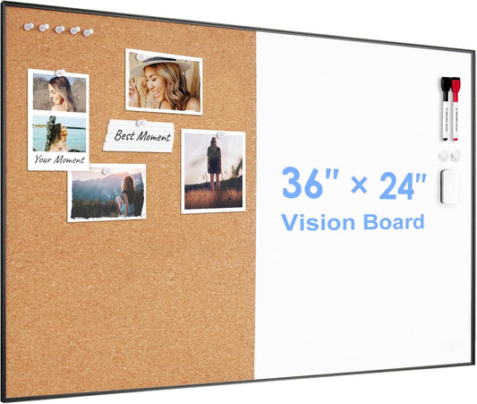 ARCOBIS Cork Board White Board Combo, 36 x 24 Inch Bulletin Board, Magnetic Dry Erase Board & Corkboard for Wall, Vision Board for Home, Office, School, Black Frame