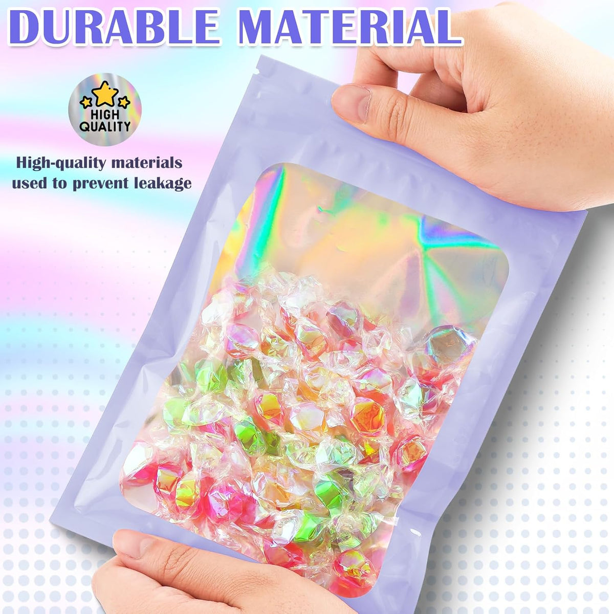 100 Pcs Mylar Bags, Smell Proof Bags Foil Pouch, Holographic Resealable Bags for Small Business, Candy Sample Jewelry Bag Sealable Packaging for Party Favor Food Storage (2.4x3.9in-Purple)