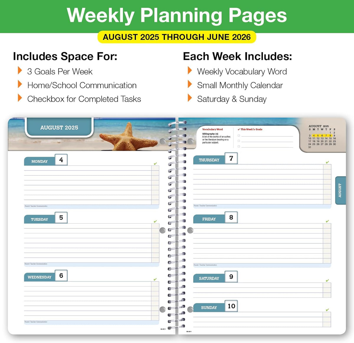 Global Datebooks Dated Middle School or High School Student Planner for Academic Year 2025-2026 Includes Ruler/Bookmark and Planning Stickers (Block Style - 8.5"x11" - Doodles)