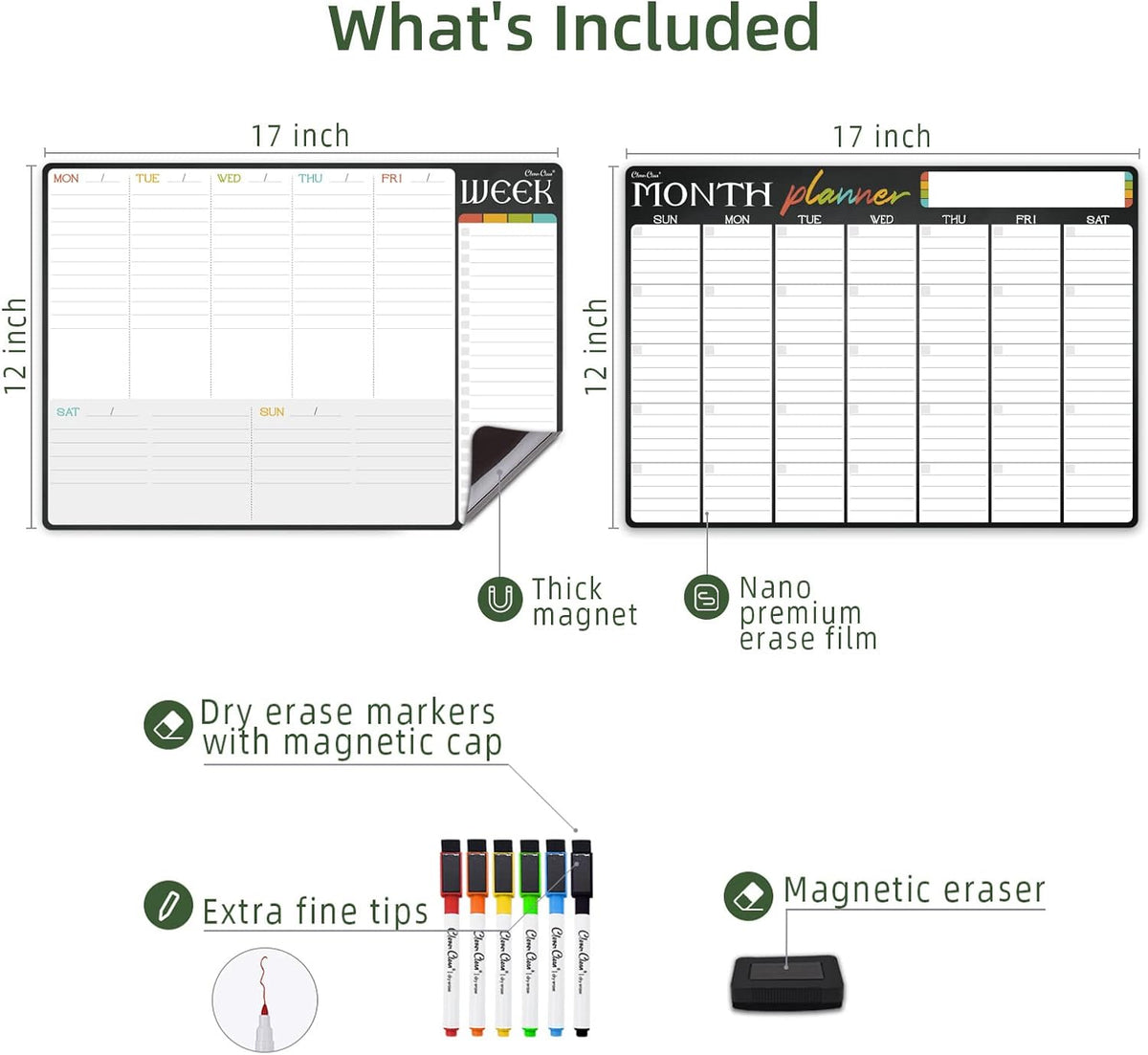 Magnetic Dry Erase Monthly and Weekly Calendar - 17"x12" Monthly and Weekly Whiteboard for Fridge - 6 Extra Fine Point Markers Included - Shipped Flat