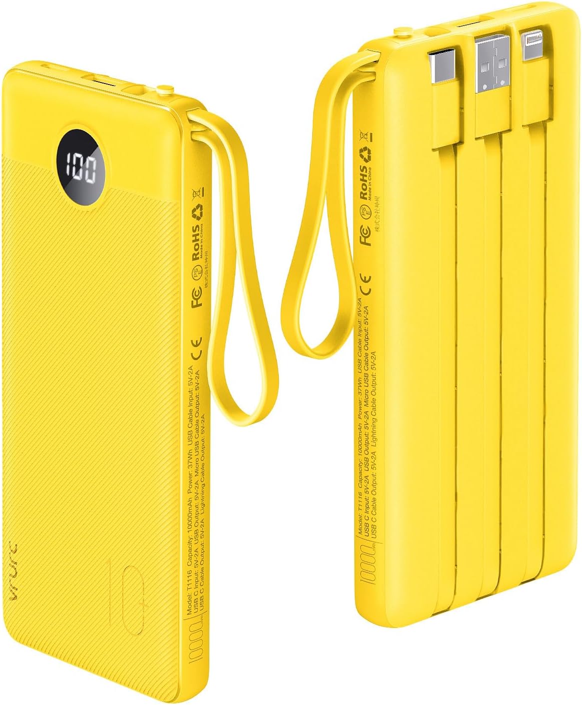 VRURC Portable Charger with Built-in Cables, 10000mAh LED Display USB C Power Bank, Slim Travel Battery Pack with 5 Output 2 Input Compatible with iPhone,Samsung,Android etc-Yellow(1 Pack)