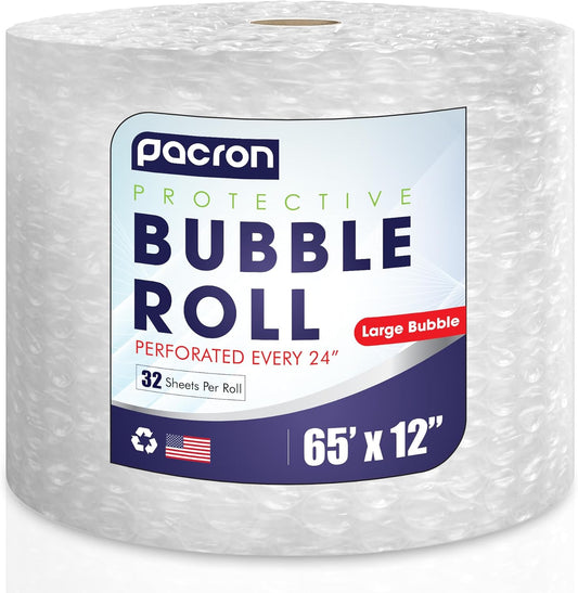 Protective Bubble Roll Wrap - 65FTx12IN Clear, 1/2" Dense Large Bubble Cushioning for Fragile Items, Dish Packing & Packaging Supplies Shipping & Storage - Perforated Every 24IN