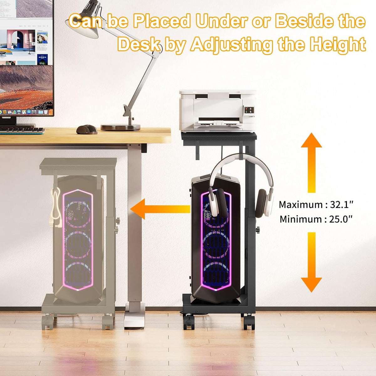 Snughome Computer Tower Stand with Charging Station, 25.0-32.1 Inches Height Adjustable PC Tower Stand for Floor, Mobile PC Holder with Wheels Computer Cart for Home Office