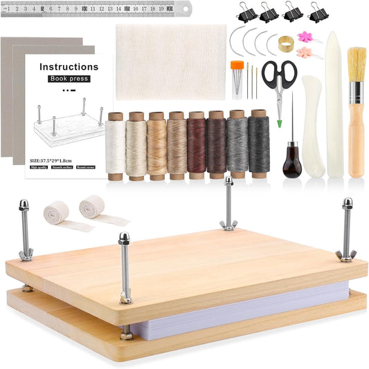 ZMAAGG 36 Pcs Book Binding Kits, 14.8 x 11.4 Inch Book Press Books Binding Materials Books Binding Supplies with 8 Pcs Wax Thread, Bone Folder Awl Large Eye Needles for Beginner DIY
