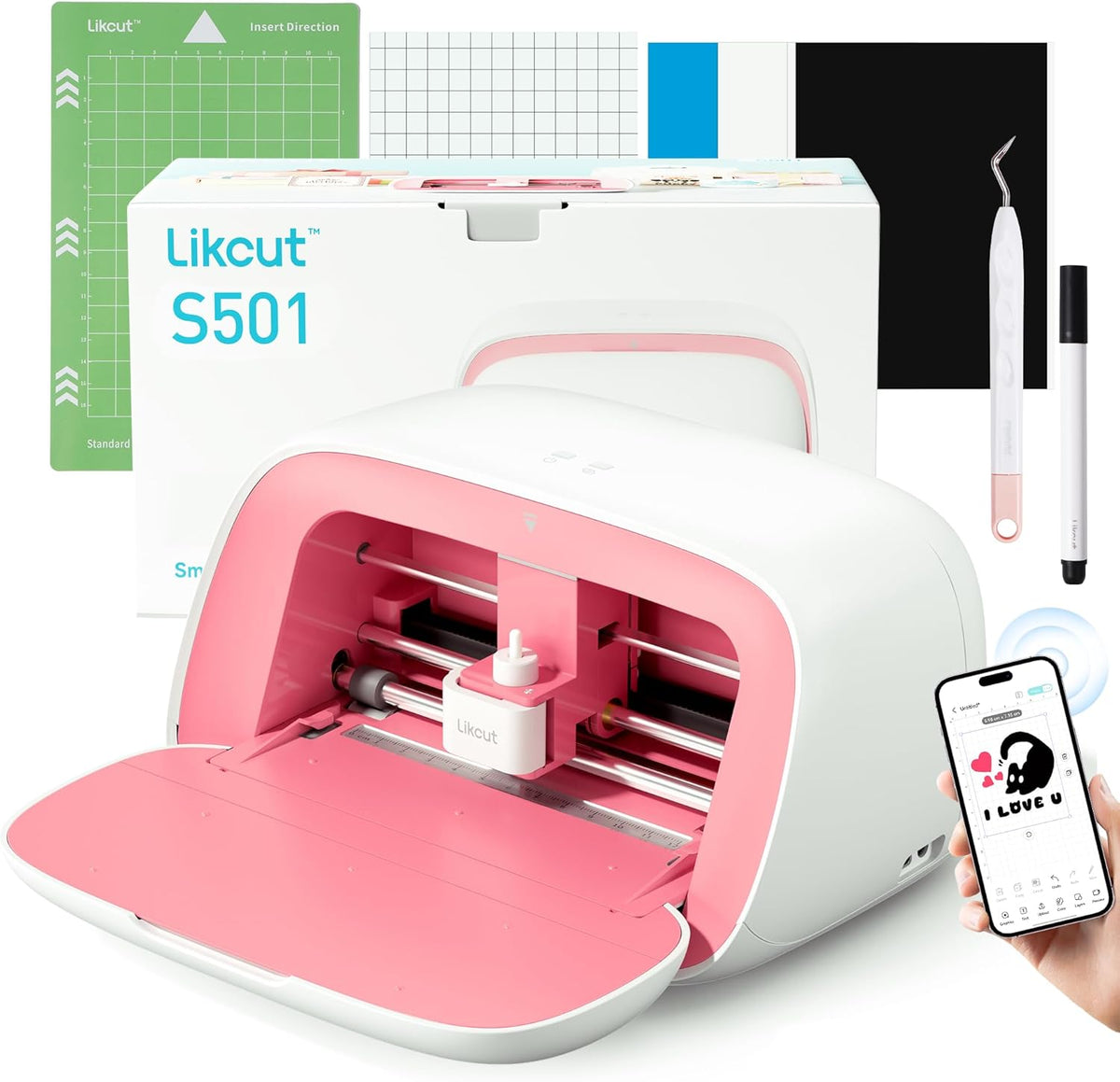 Likcut Vinyl Cutter Machine, Upgrade Cutting Machine Glee S501 for DIY Joy, Portable Smart Cutting Tool for Crafter, Sticker Decal Maker Printing for Family & School Fun Projects and Decorations, Pink
