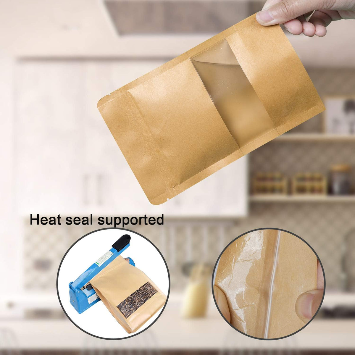 Stand Up Kraft Pouch Bags, Reusable Zip Lock Sealing & Notch Matte Transparent Window Bags, Resealable Zip Lock Food Storage Bag,11x7 + 3.14 Inches, Pack of 50