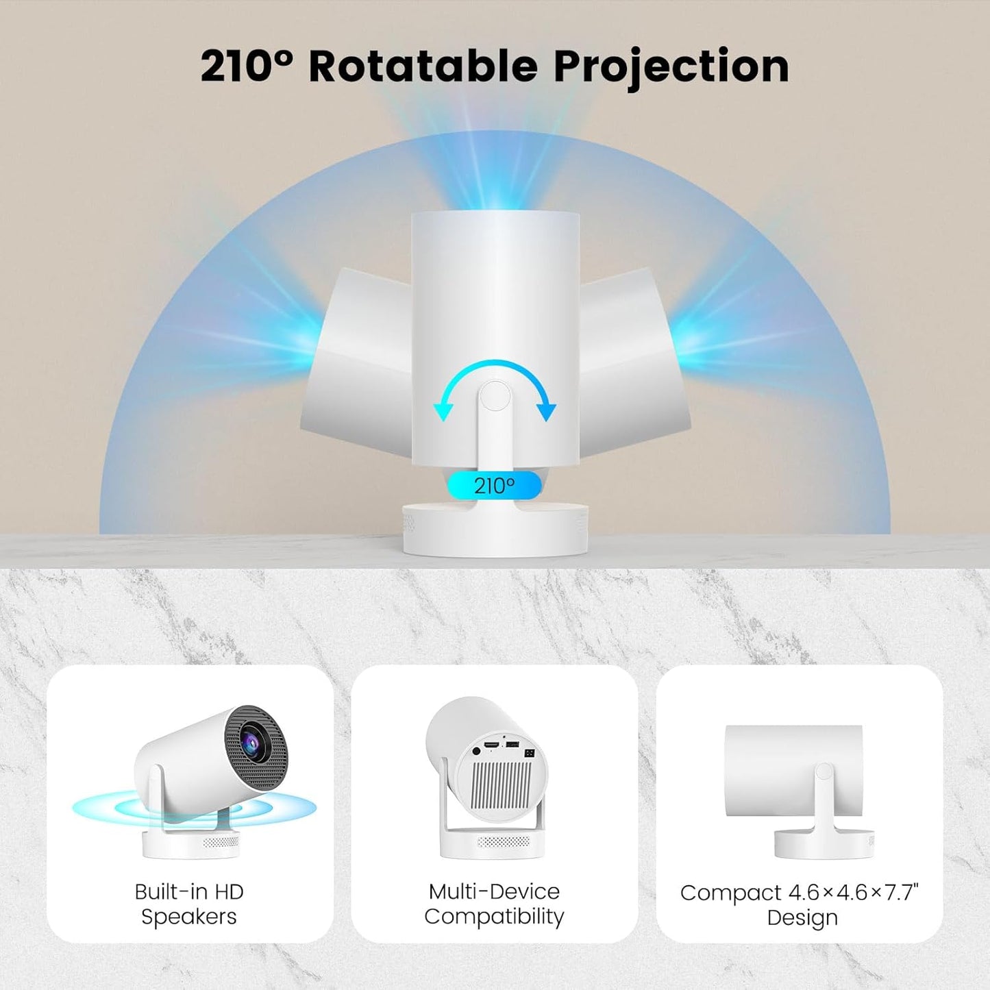 【Electric Focus】Projector 4K Support, Mini Projector with Wifi6 and Bluetooth, HY300pro Upgrade Enhanced Version Smart Proyector, 5w Speaker, Electric Focus, Auto Keystone Correction 35"-130" Screen
