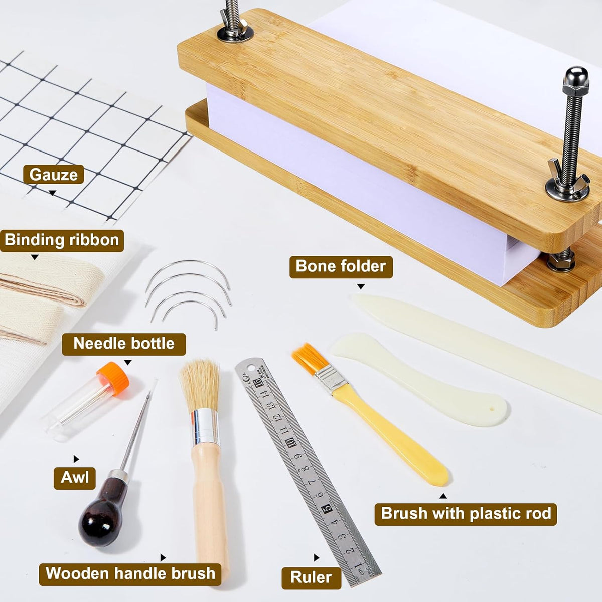 Book Binding Kits with 49 Pcs Hand Bookbinding Tools - Book Press with Anti-Slip Mat, Plastic Bone Folder, Waxed Thread, Bamboo Book Binding Materials DIY Bookbinding Crafts