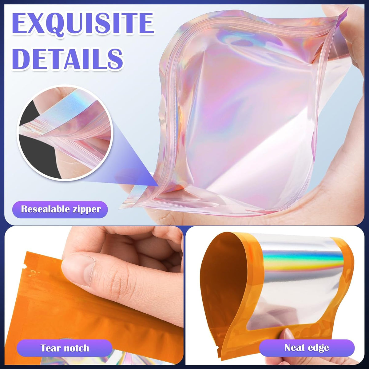 100 Pcs Mylar Bags, Smell Proof Bags Foil Pouch, Holographic Resealable Bags for Small Business, Candy Sample Jewelry Bag Sealable Packaging for Party Favor Food Storage ((2.8x3.9in-Orange)