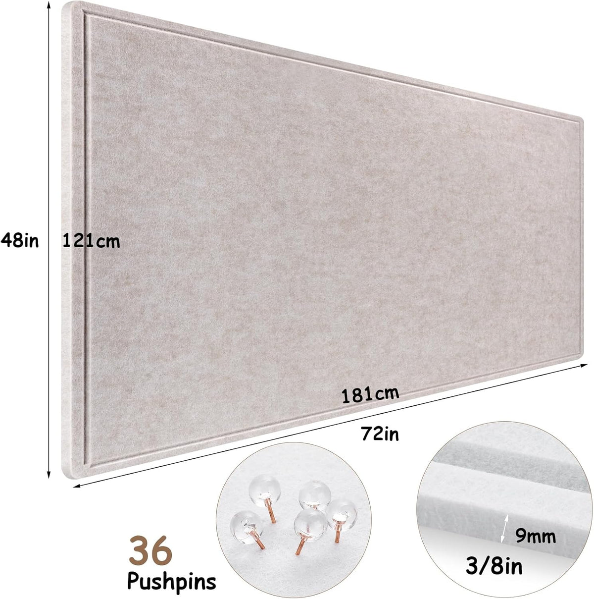 Large Bulletin Board, Foldable 72x48 Inches Cork Board Alternative, Large Felt Board Decorative Pin Board for Wall, Foldable Photo Board Self-Adhesive Vision Board with 36 Pushpins Light Khaki
