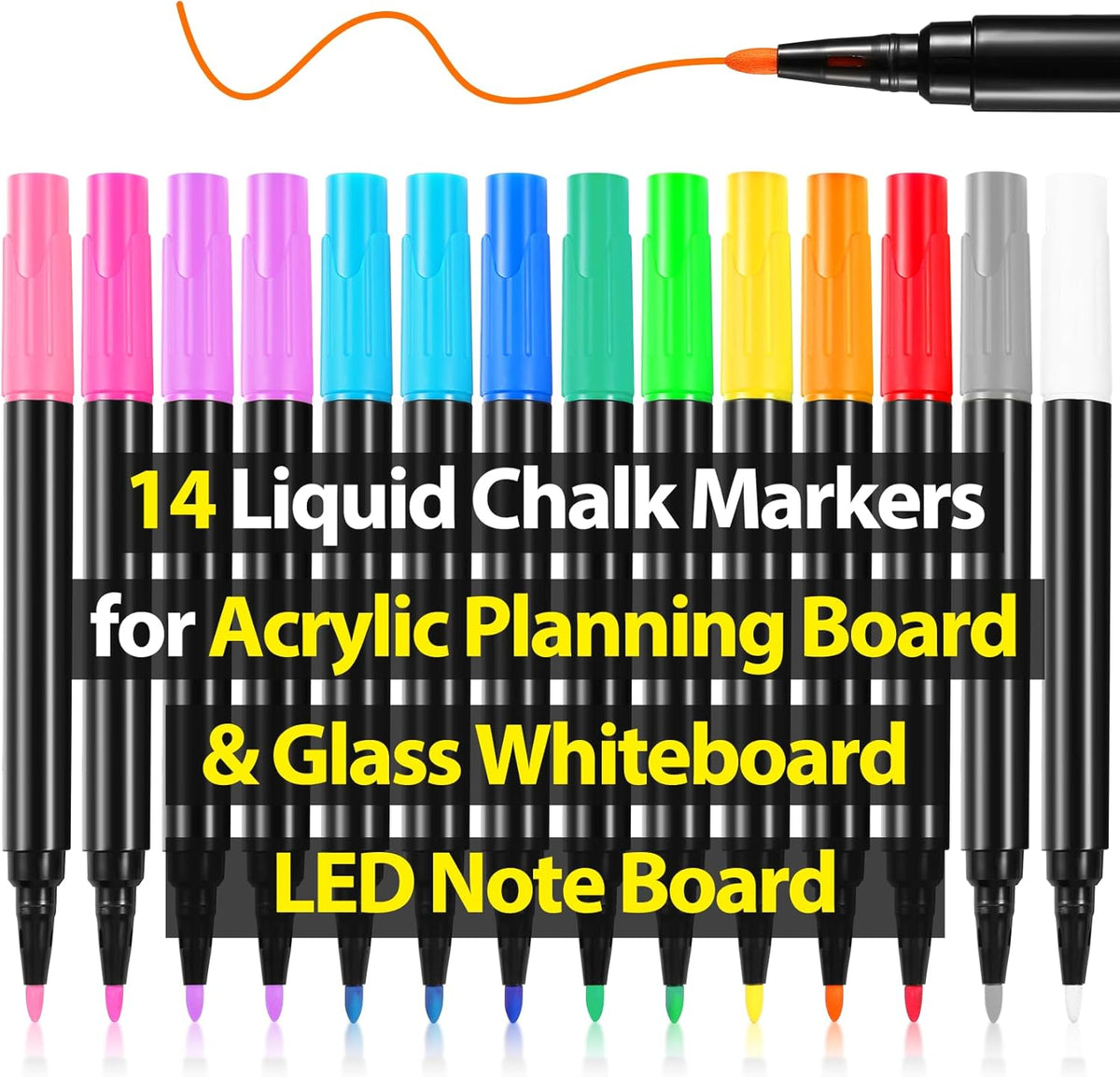 Liquid Chalk Markers for Acrylic Calendar Planning Board Clear Glass Dry Erase Board Whiteboard Window Mirror Christmas Halloween Painting LED Note Board, 14 Pack, 12 Vibrant Colors, 1mm Fine Points