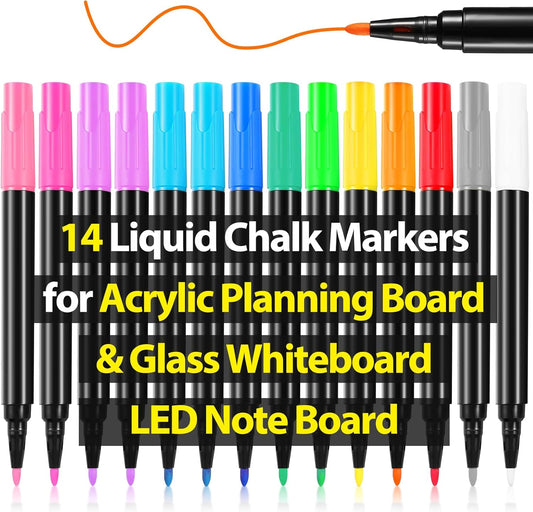Liquid Chalk Markers for Acrylic Calendar Planning Board Clear Glass Dry Erase Board Whiteboard Window Mirror Christmas Halloween Painting LED Note Board, 14 Pack, 12 Vibrant Colors, 1mm Fine Points