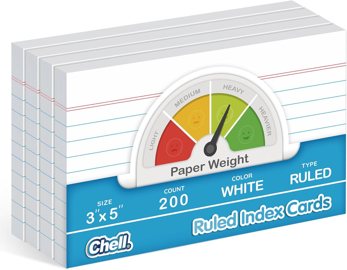 Chell 200 Count Index Cards 3x5 Inch Heavyweight, Ruled Front and Blank Back, 65 lb. Cover Weight, White