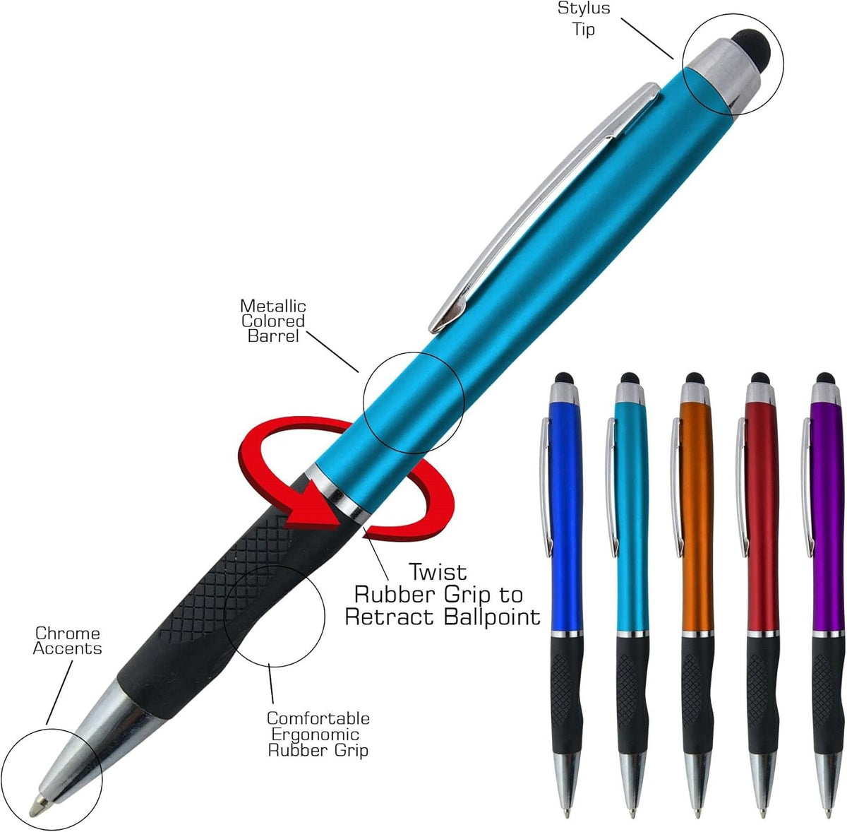 Personalized Pens With your Custom Logo or Text-300 Pack Bulk-for Businesses, Parties, and Events, 2 in 1 Ballpoint Pen + Capacitive Stylus for Touchscreen Devices, Dark Assorted Barrels, Blue Ink