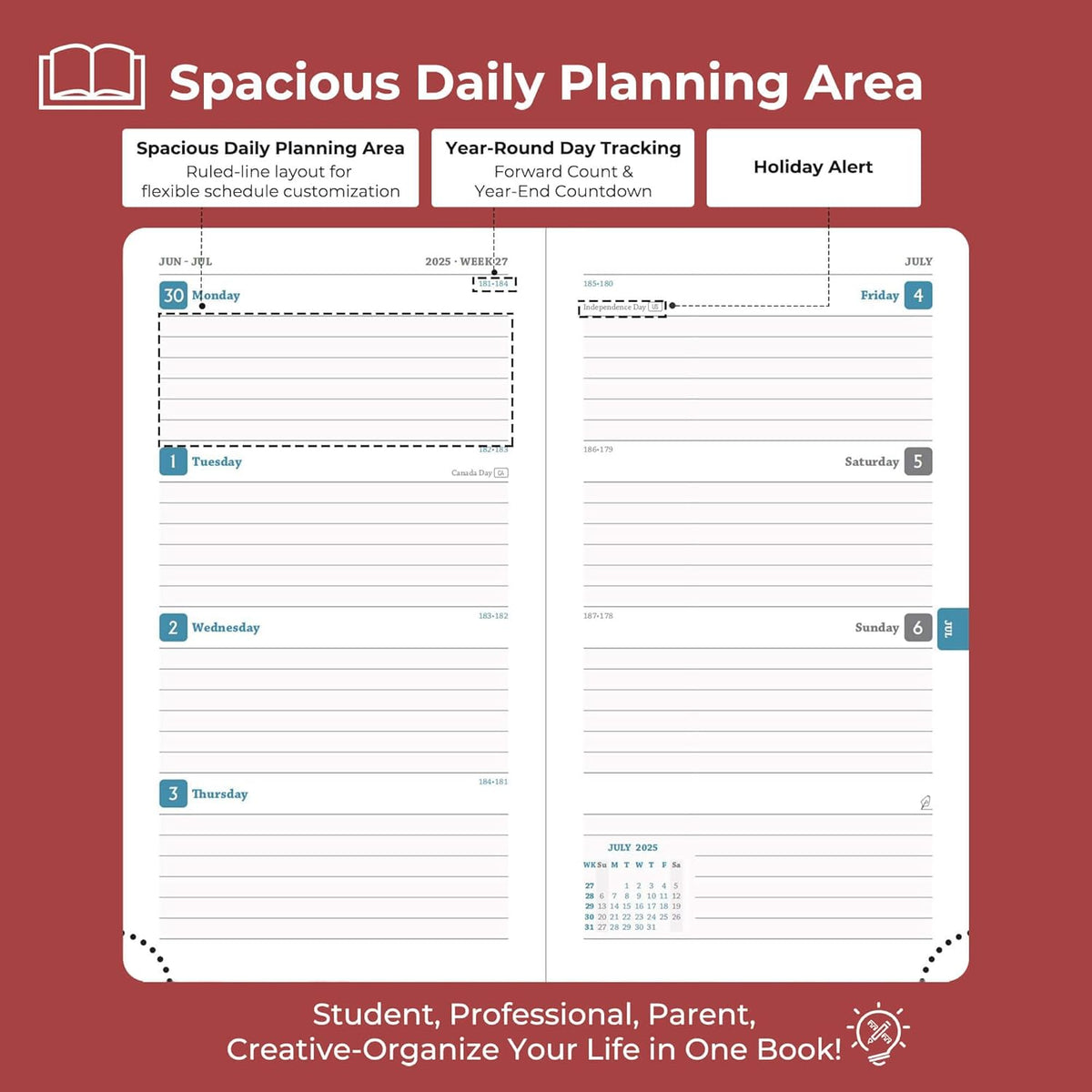 Planner 2025-2026 Daily Weekly and Monthly,6.5"x3.75",18 Months Spiral Bound Calendar Agenda with Self-adhesive Pen Holder,2026 Academic Plan with Vegan Leather Soft Cover,Red
