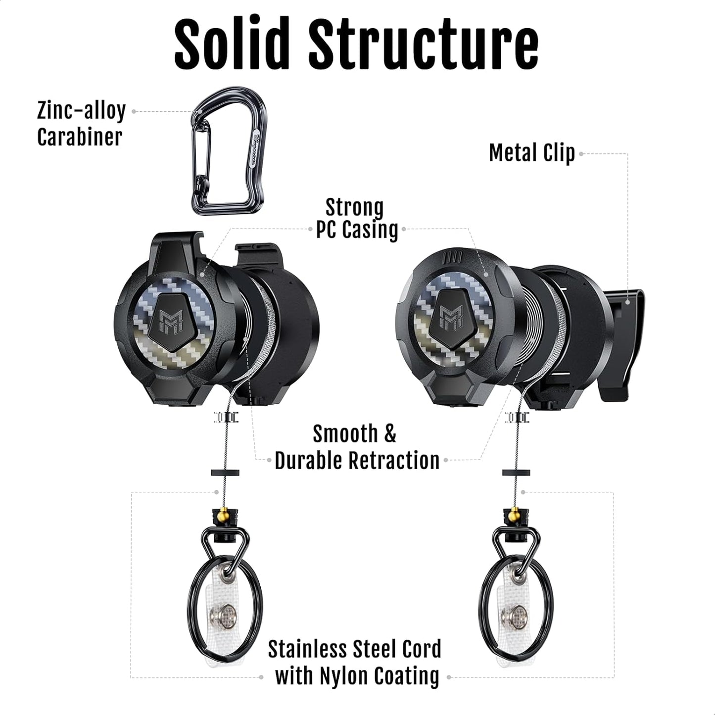 MNGARISTA Upgraded Heavy Duty Retractable Keychain, Belt Clip Ver. & Carabiner Ver., 10 oz Retraction, 31.5" Stainless Steel Cable, 3K Carbon Fiber Tactical ID Badge Reel Key Chain Retractor, 2 Pack