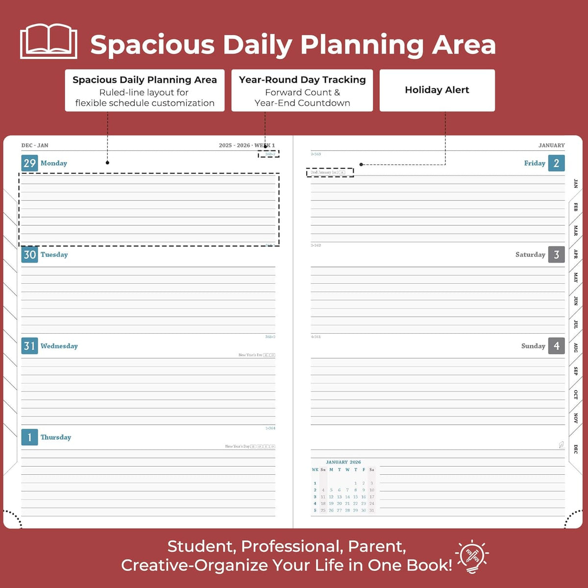 IN-LUXPRO Weekly Monthly 2026 Planner (Jan.26-Dec.26),8.5"x6.5",12 Months Agenda Plan with Month Tabs & Pocket,Expenses/Note Pages, Appointment Book Calendar with Hardcover Vegan Leather Cover,Red