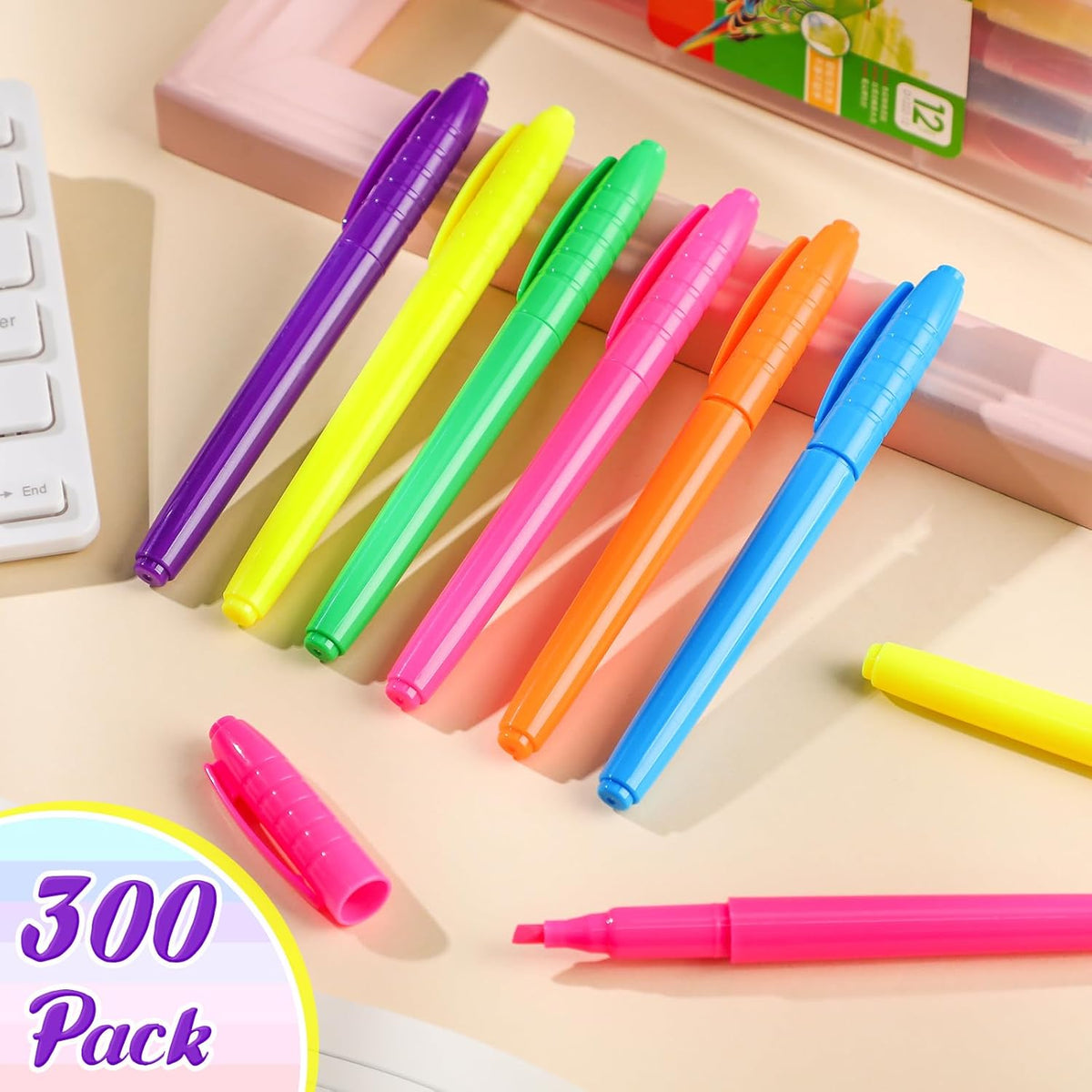 Seajan 300 Bulk Pack Highlighter Markers Chisel Tip Highlighter Pens Bright Colors Quick Drying Markers for Adults Highlighting in the Home Office(Multi Colors)