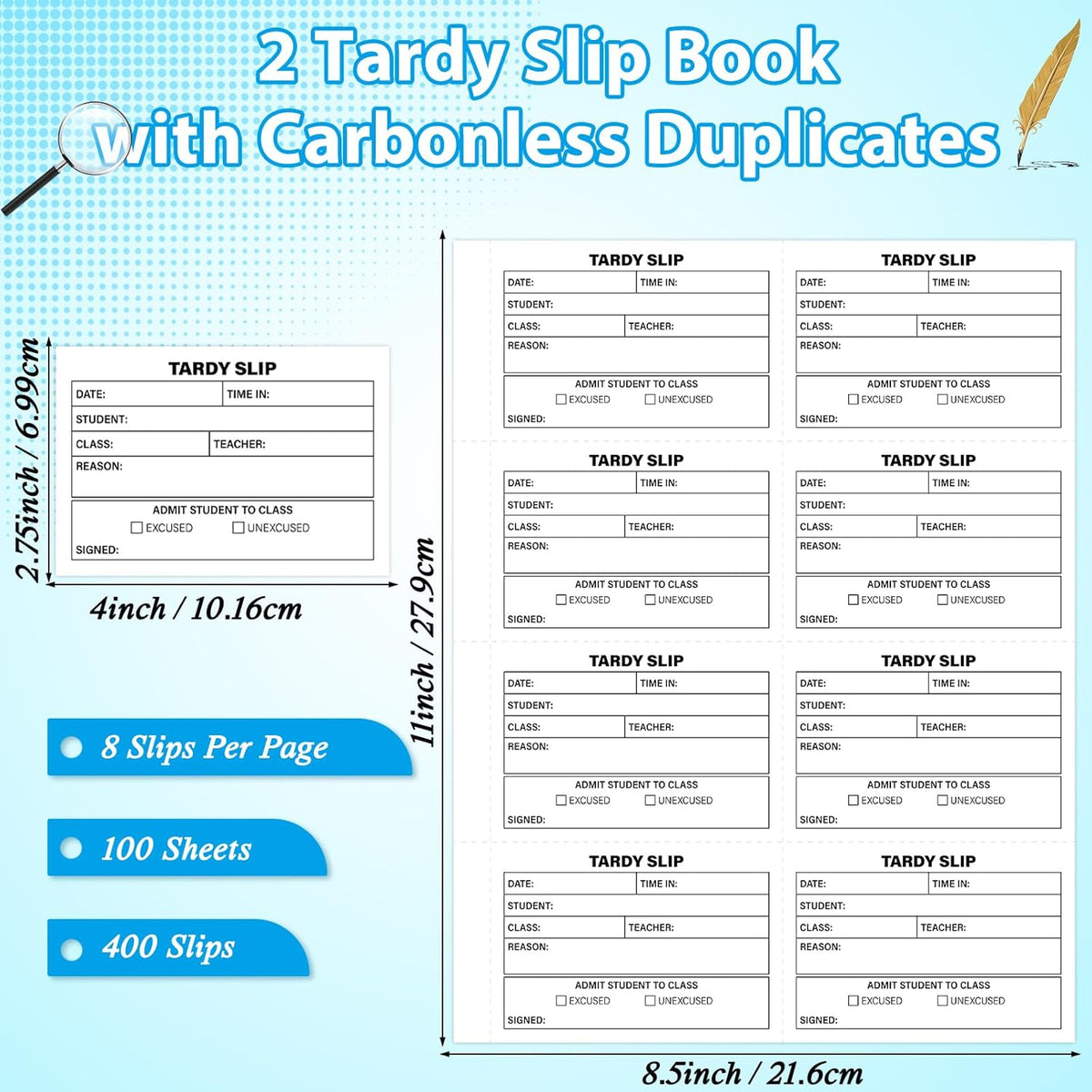 gisgfim Tardy Slip Book with Carbonless Duplicates in Easy Removal Fold and Tear Tardy Slips Per Book Register Copy Notebook for Student Late Arrivals School Supplies Teacher 400 Pcs/Pad (2 Pads)