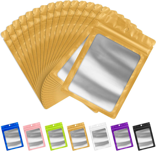 FUNFERY 100 Pack Mylar Resealable Bags Foil Packaging Bags with Clear Window,Zipper Pouch Smell Proof Bag for Food Storage,Cookies,Sample,Small Business(Gold,3.5x6.3inch)