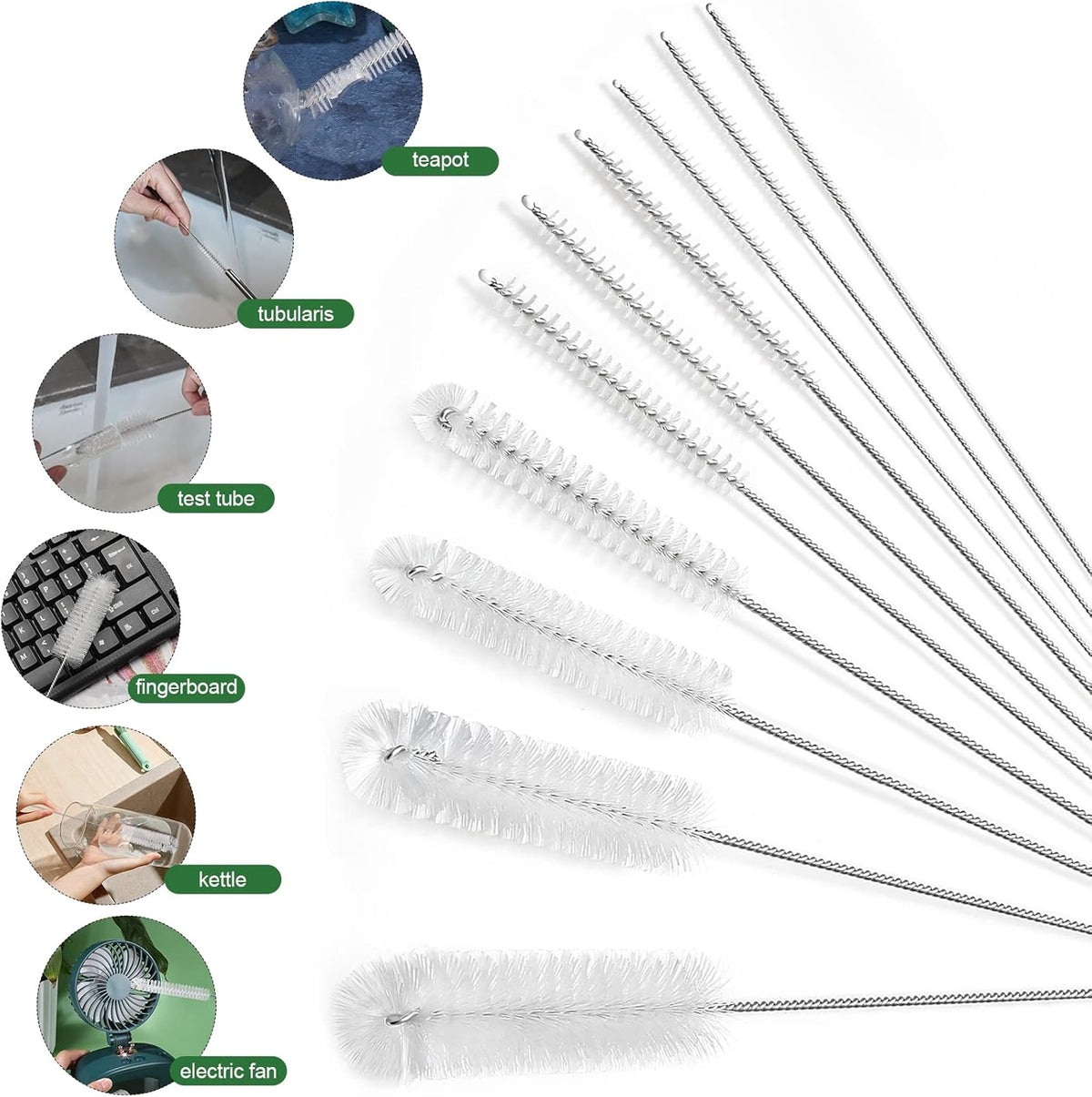 CiaraQ Bottle Cleaning Brushes, 9.8 Inch Nylon Tube Brush Set, Cleaner for Narrow Neck Bottles Cups with Hook, Set of 10pcs. White