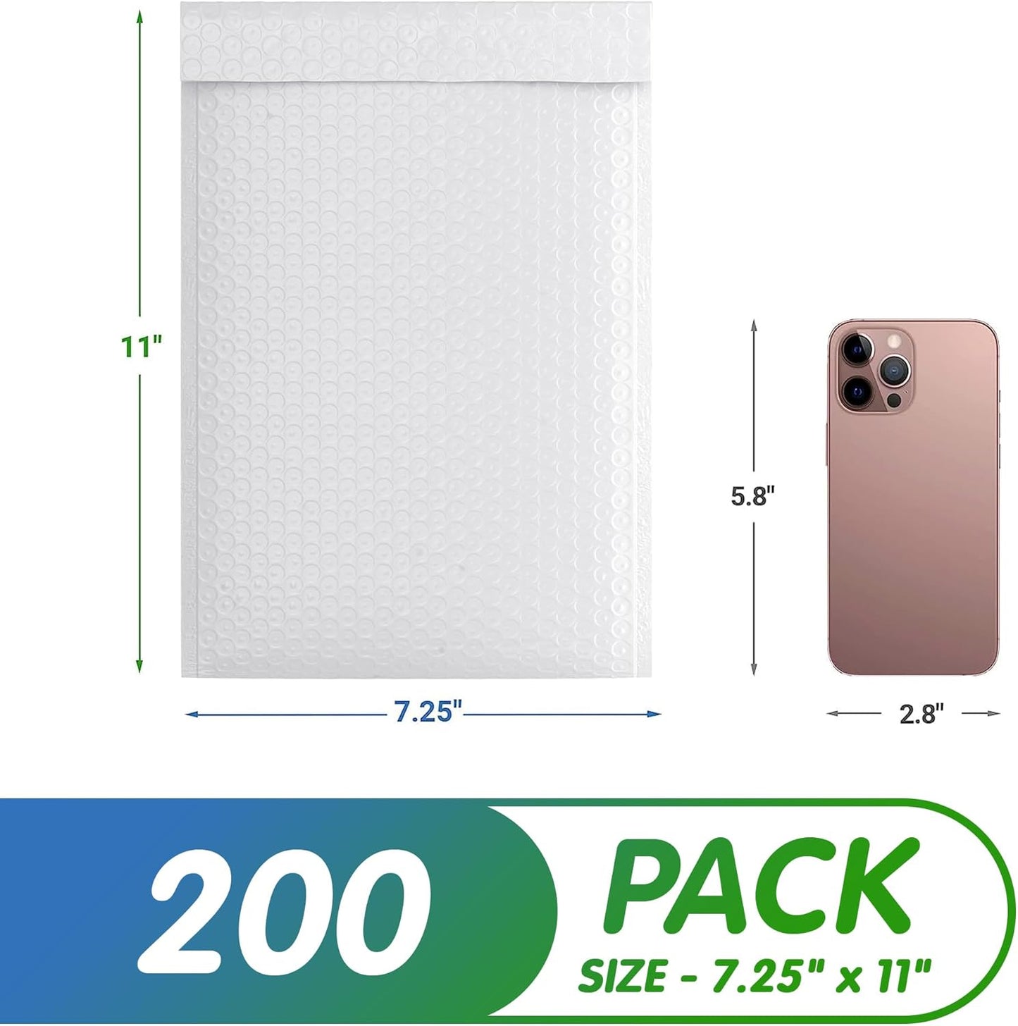White Poly Bubble Mailers Self Seal, 7.25 x 11 Inch. Pack of 200 Bubble Packaging Envelopes for Shipping. Durable Padded Envelopes Waterproof. Self Seal Padded Mailers. Shipping Packages
