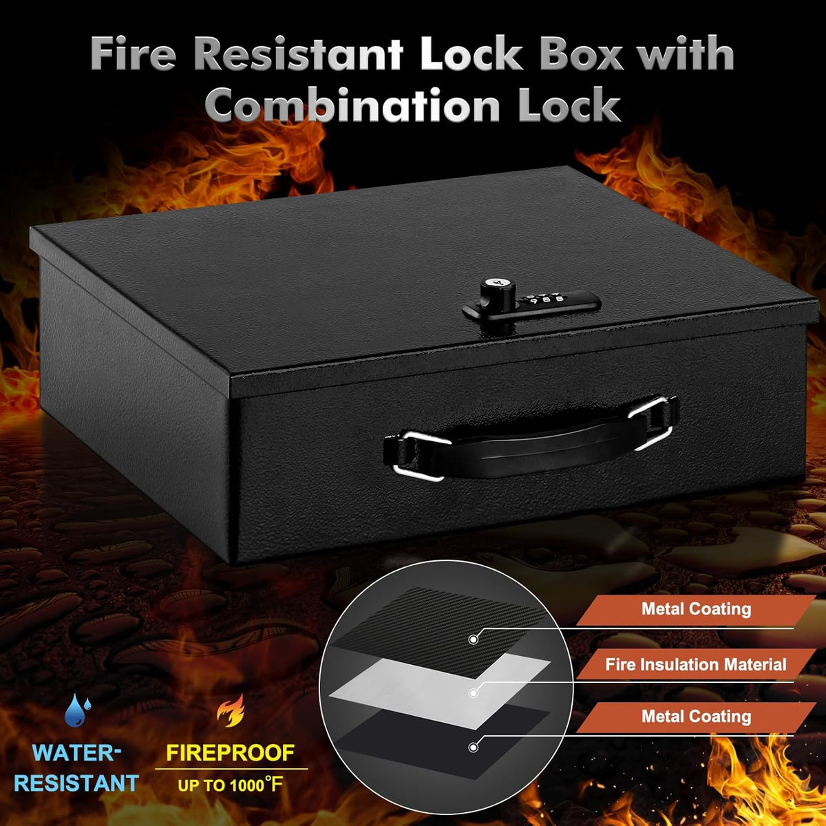 KYODOLED Fireproof Lock Box for Documents, Dual Combination and Key Lock Security with Carrying Handle, Metal Strong Safe Box to Keep Personal Items, Documents, Exterior 13.2''x 11''x4.13'', Black