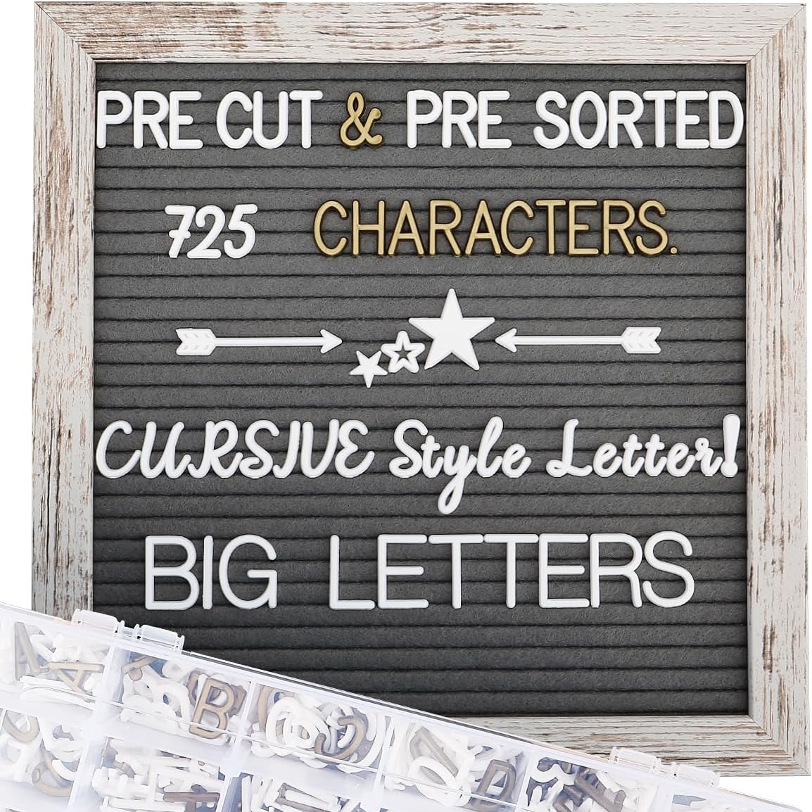 Felt Letter Board 10x10 Inch with Rustic Wood Frame, Pre Cut & Sorted 725 Letters, First Day of School Board, Classroom Decor Farmhouse Wall Decor Sign Board, Baby Announcements, Shabby Vintage Decor