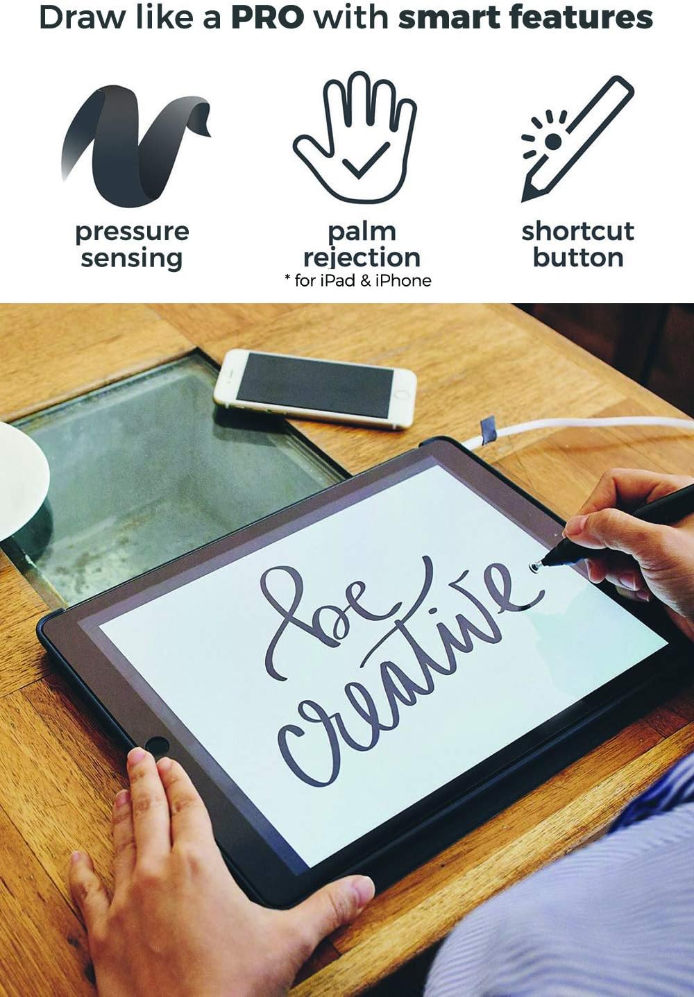 SonarPen: Pressure Sensitive Stylus Pen, with Palm Rejection and Shortcut Button. Battery-Less. Compatible with Apple iPad/iPhone/Android/Switch/Chromebook (Dirty Pink)