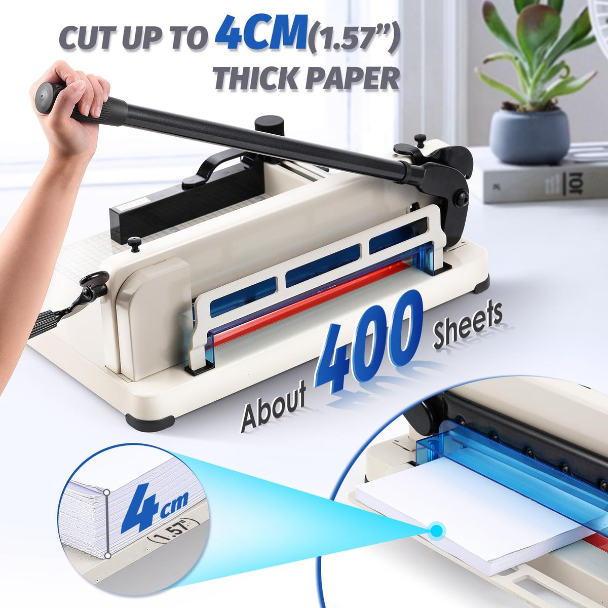 Heavy Duty A4 Paper Cutter 400 Sheet Thickness Cutting Capacity, 12 Inch Stack Guillotine Paper Cutter with 1 Replacement Blade, Stack Trimmer Suitable for Paper Leather Cardboard Nonwoven