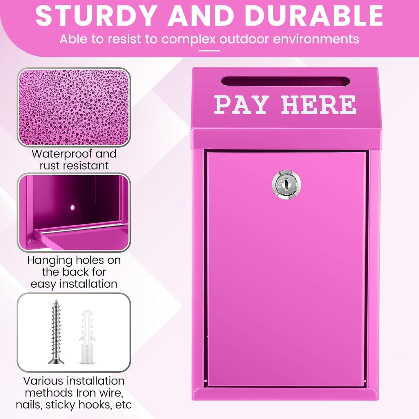 Safe Cash Box Money Collection Metal Donation Box with Lock Wall Mount Pre Drilled Mailbox Delivery Ballot for Home Office Outdoor Self Serve Stand(Rose Red,10.2 x 5.7 x 2.8 Inch)