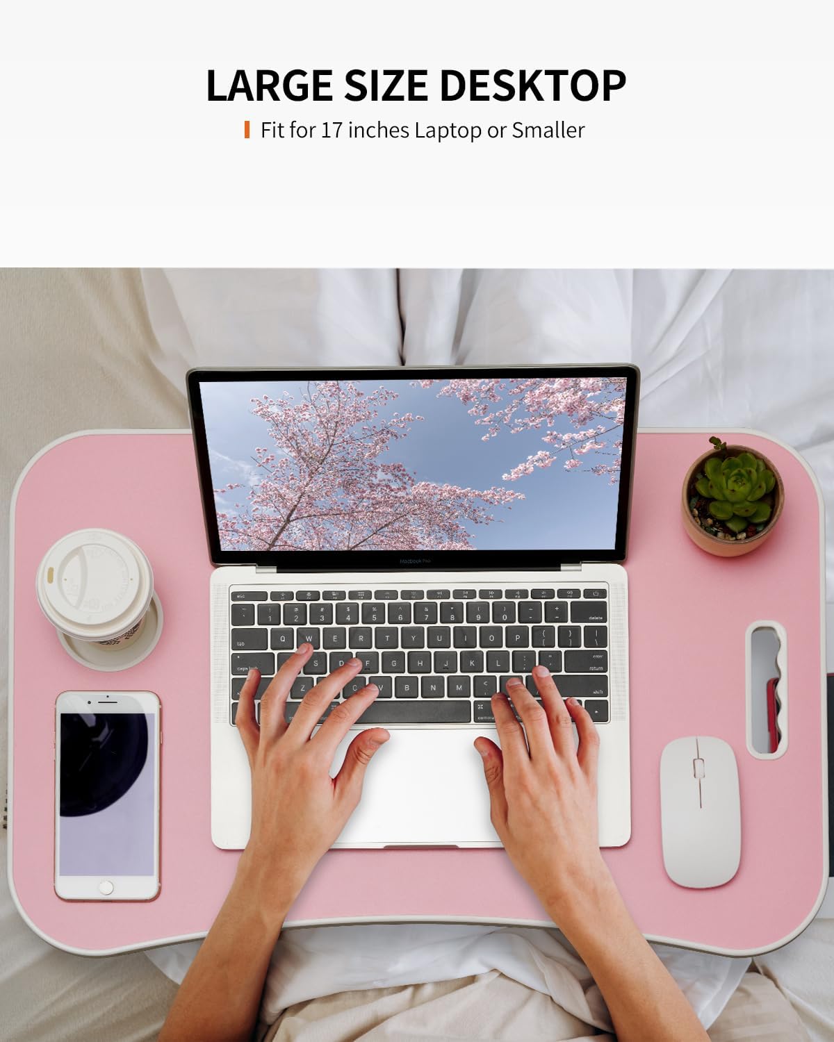 Foldable Laptop Table, Portable Lap Desk Bed Table Tray, Laptop Stand with Cup Holder & Tablet Slot & Lifting Handle for Working Writing Drawing & Eating (Pink)