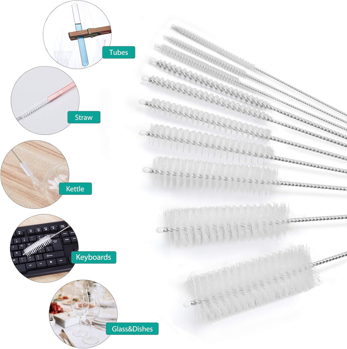 CiaraQ Bottle Cleaning Brushes, 8 Inch Nylon Tube Brush Set, Cleaner for Narrow Neck Bottles Cups with Hook, Set of 10pcs. White