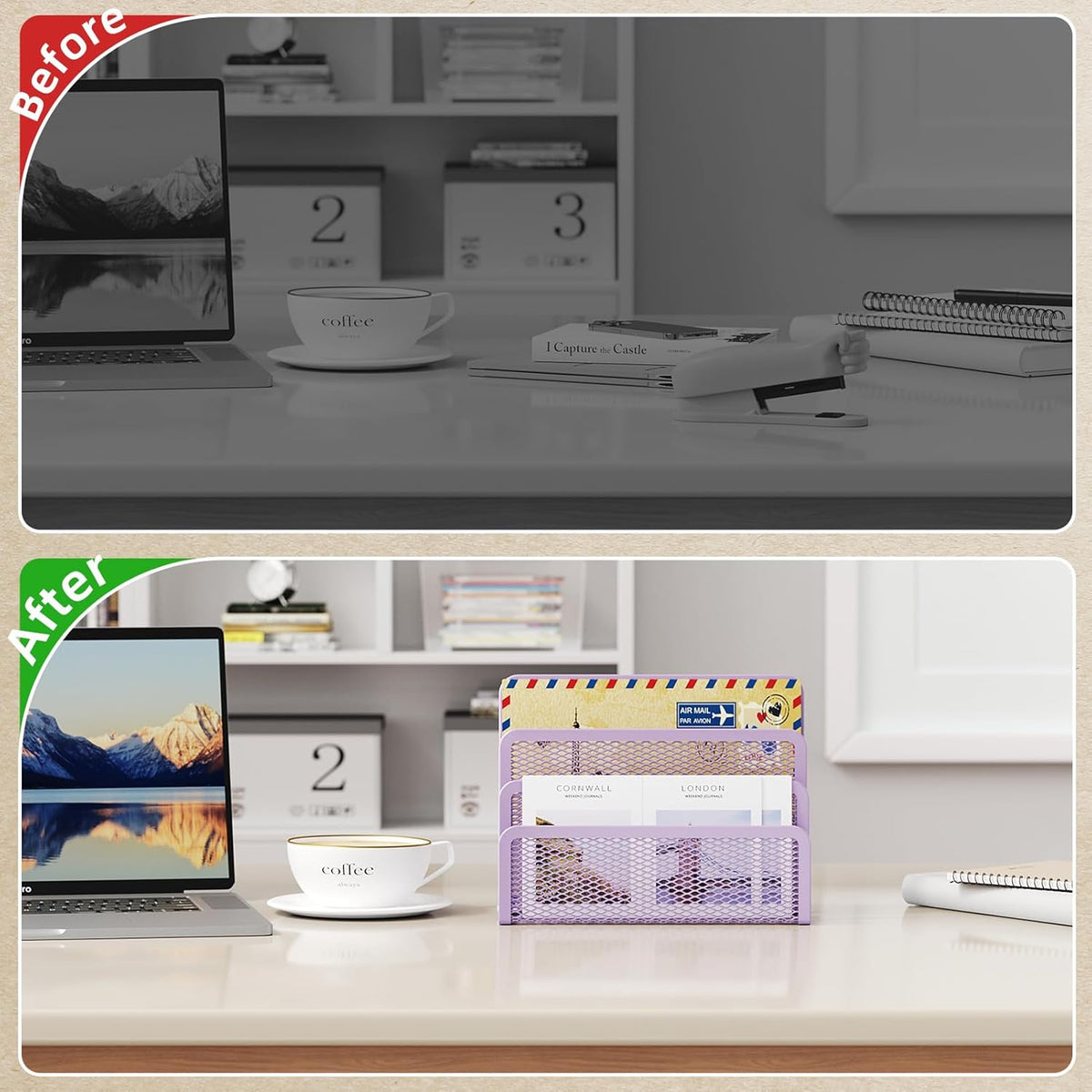 Marbrasse Mail Organizer for Desk, 3-Slot Mesh Metal Mail Holder countertop, Letter Holder, Office Desktop Envelope and Document Storage Rack (Purple)