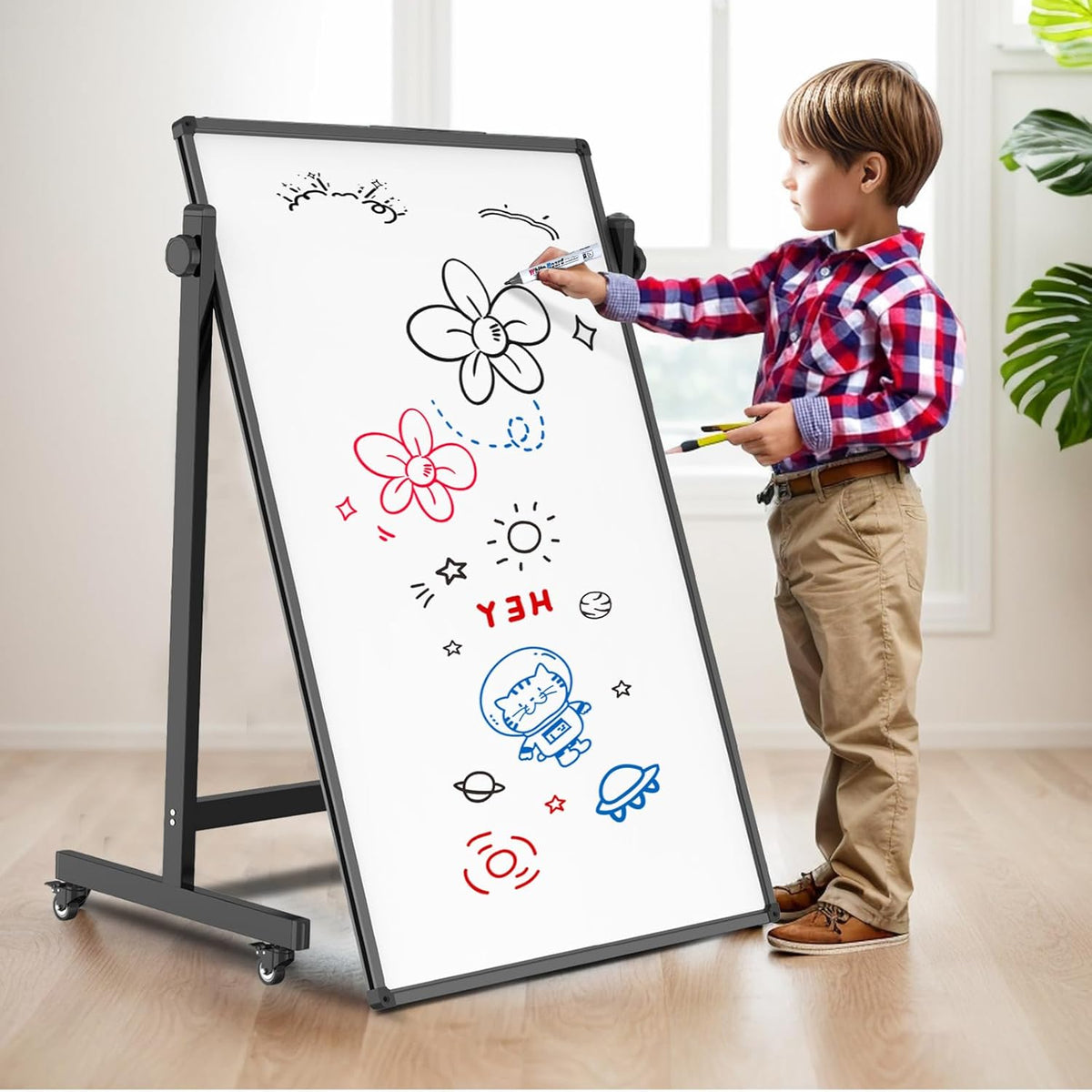 Rolling Whiteboard 40x28 Inches - Adjustable Height Standing Easel Whiteboard on Wheels for Home, Office, Classroom Black