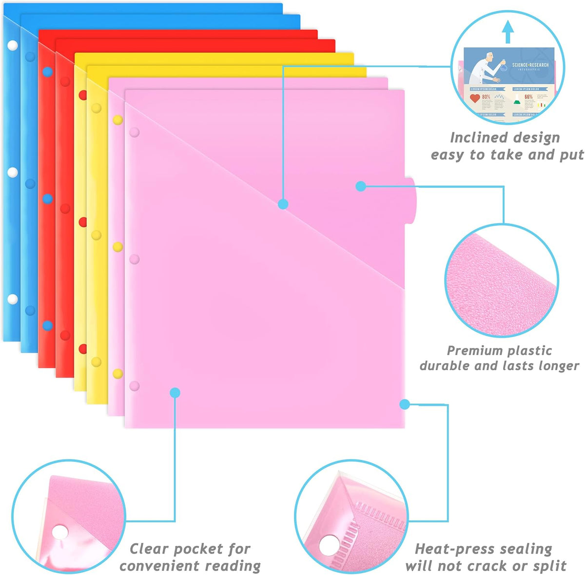 8 Tabs Plastic Dividers with Clear Front Pocket - 3 Sets, Pocket Dividers for 3 Ring Binder, Multi-Color Binder Dividers, Total 24 Tabs