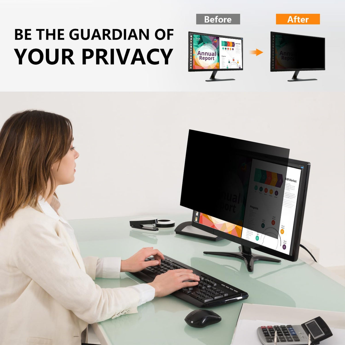 【2-Pack】23.8 Inch Computer Privacy Screen for 16:9 Monitors with Anti-Spy Anti-Glare Filter, Blue Light Blocking & Eye Protection, Removable Anti-Scratch HD Clarity Screen Protector