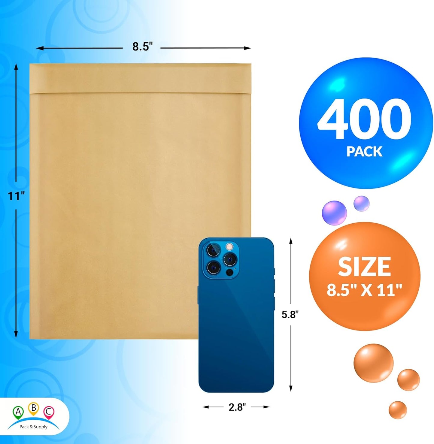 ABC PACK & SUPPLY Brown Kraft Bubble Mailer Envelopes, 8.5 x 11 Inches. 400 Pack Mail Padded Envelopes Self Seal. Kraft Bubble Mailers. Tear-Resistant Mailing Envelope Padded. Sturdy Paper Mailer