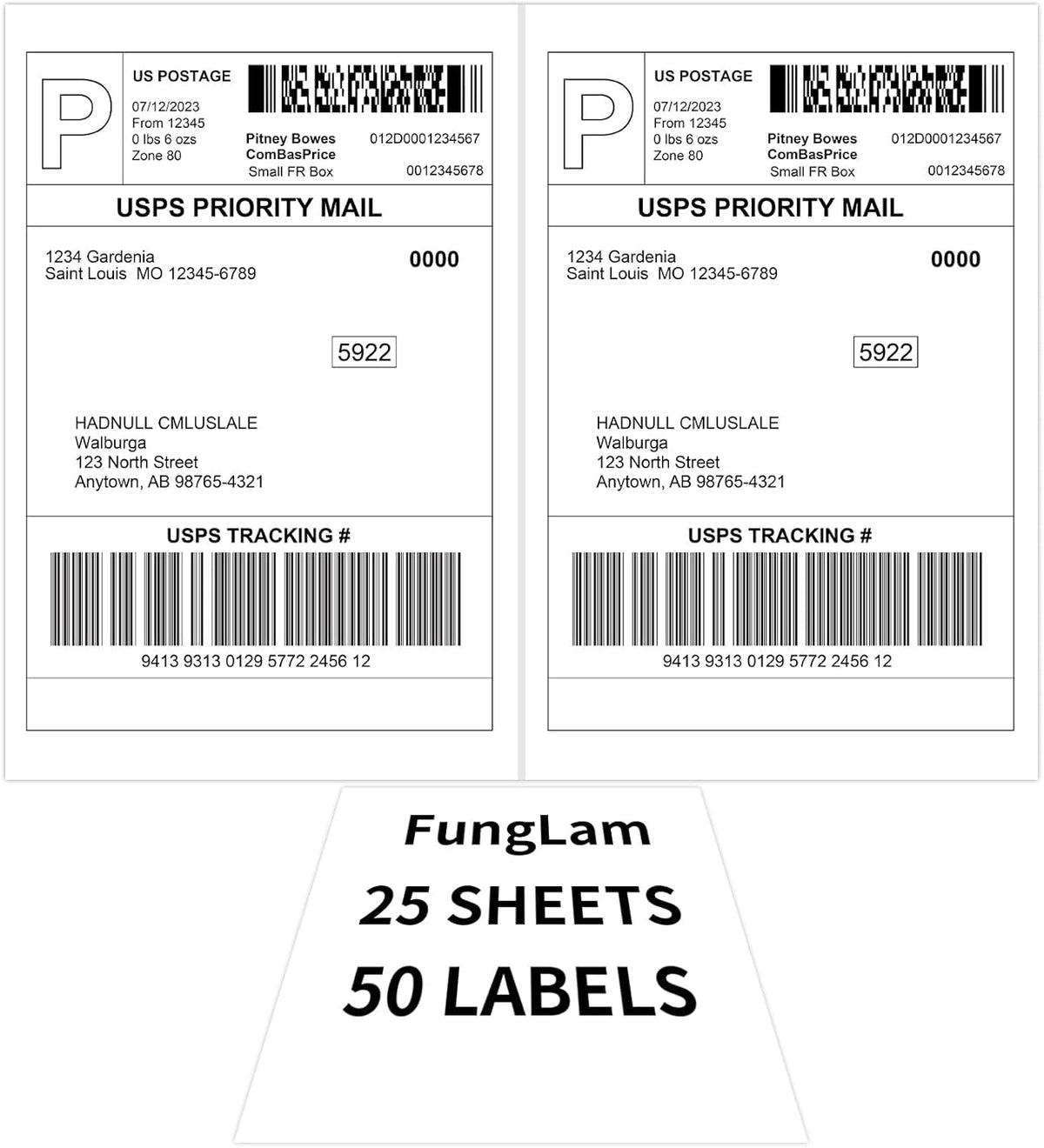 Half Sheet Shipping Labels 8.5x5.5 Inches, FungLam Half Page Labels, 8.5”x11” Self Adhesive Shipping Labels for Laser&Inkjet Printers, White Mailing Address Labels, 2 Labels Per Sheet, 50 Labels.