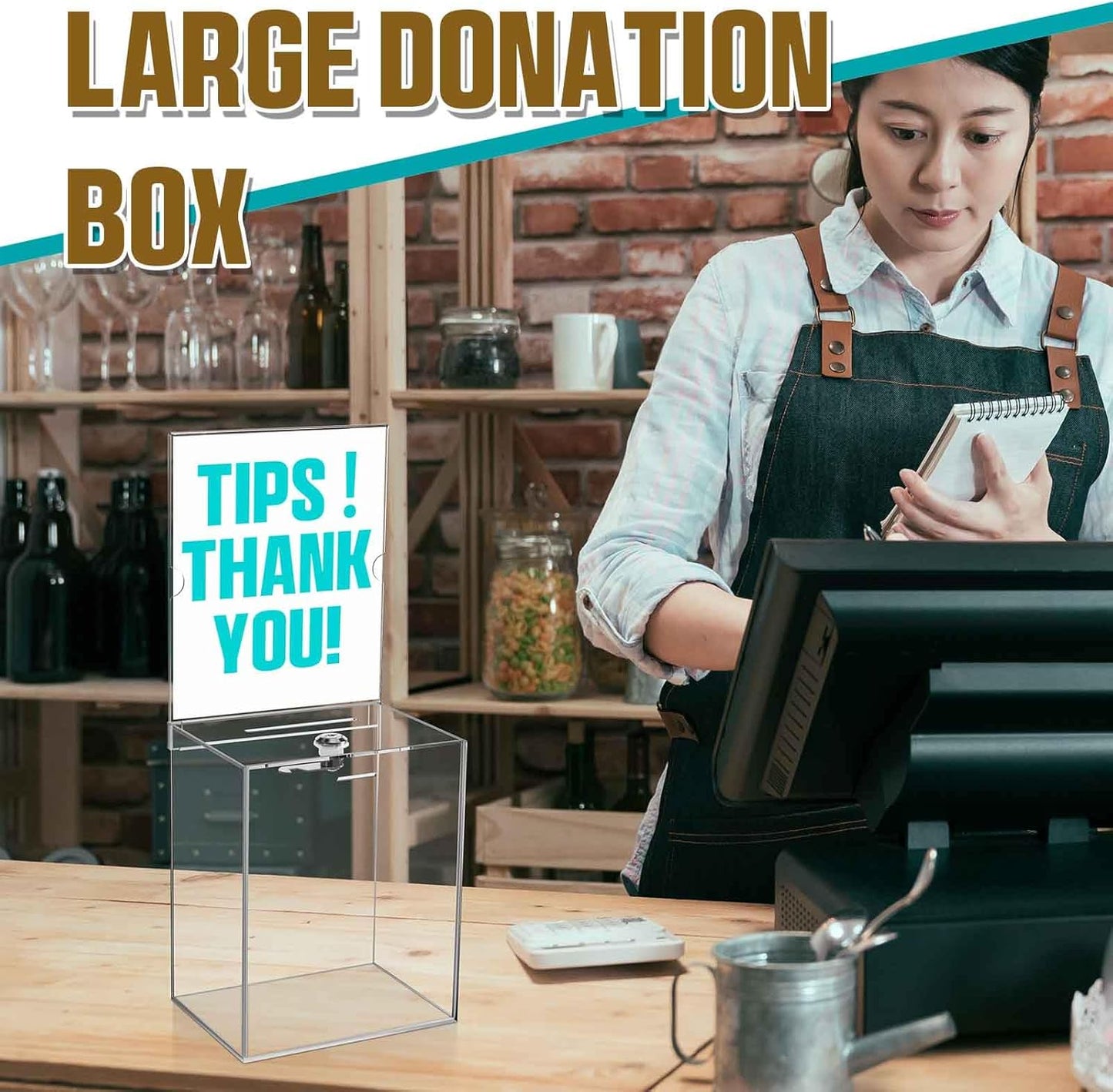 Sweetude 2 Pack Acrylic Donation Box with Lock Tall Tip Jars 8.2 x 6.7 x 5 In Suggestion Ballot Box with Sign Holder Large Locking Raffle Voting Container for Fundraising Ticket Collection(Clear)