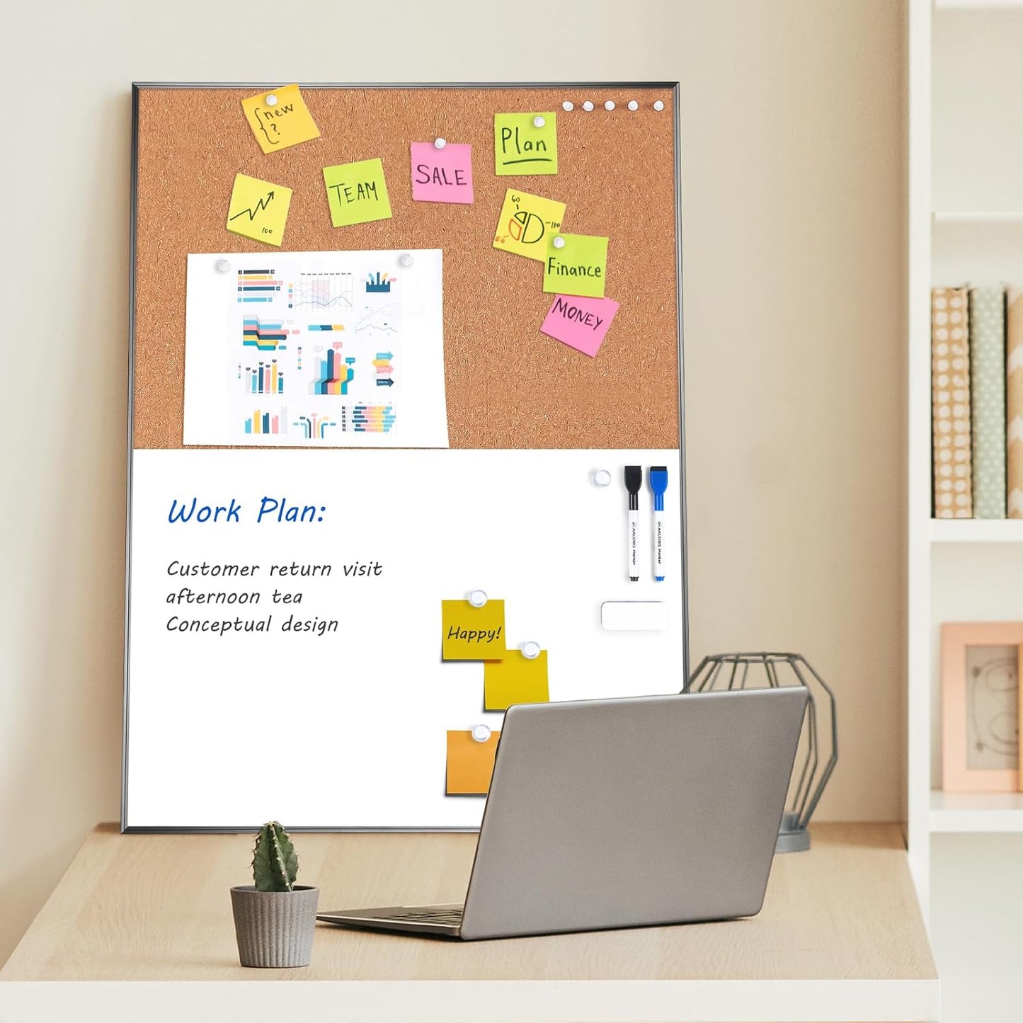 ARCOBIS Cork Board White Board Combo, 24 x 18 Inch Bulletin Board, Magnetic Dry Erase Board & Corkboard for Wall, Vision Board for Home, Office, School, Black Frame