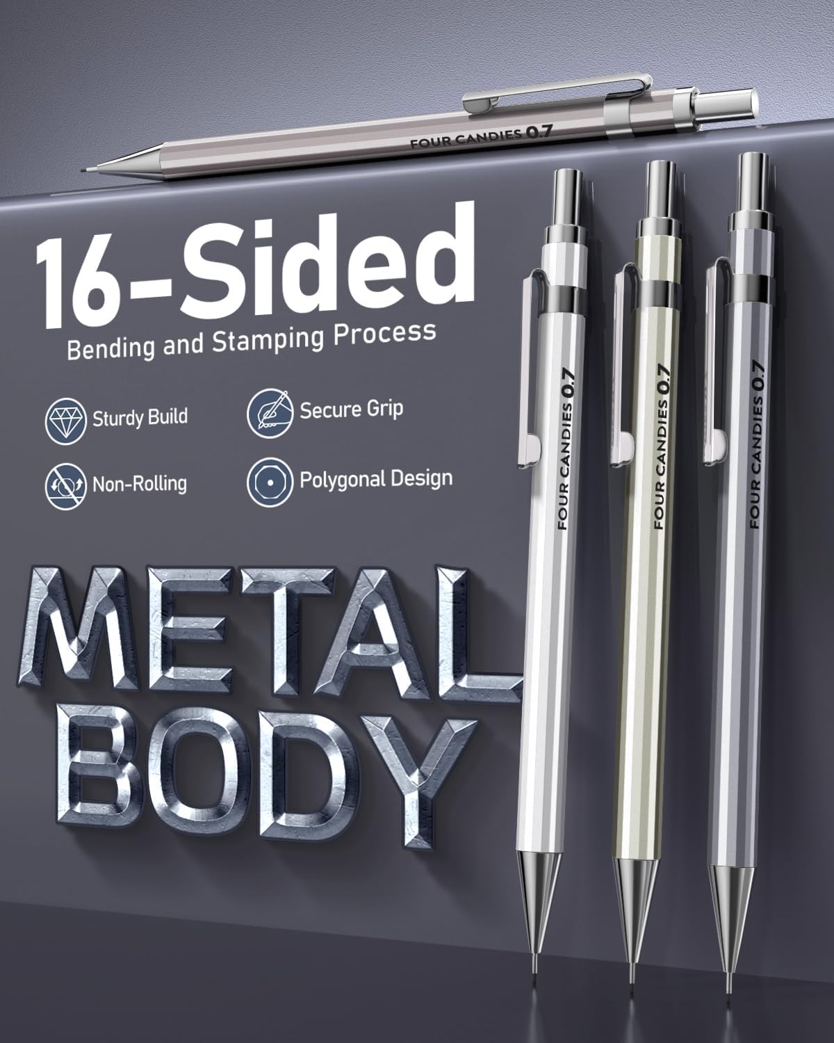 Four Candies 0.7mm Mechanical Pencil Set with Case - 4PCS Metal Mechanical Pencils, 8 Tubes HB #2 Lead Refills, 3PCS 4B Erasers and 9PCS Eraser Refills, Lead Mechanical Pencils for Writing & Drawing