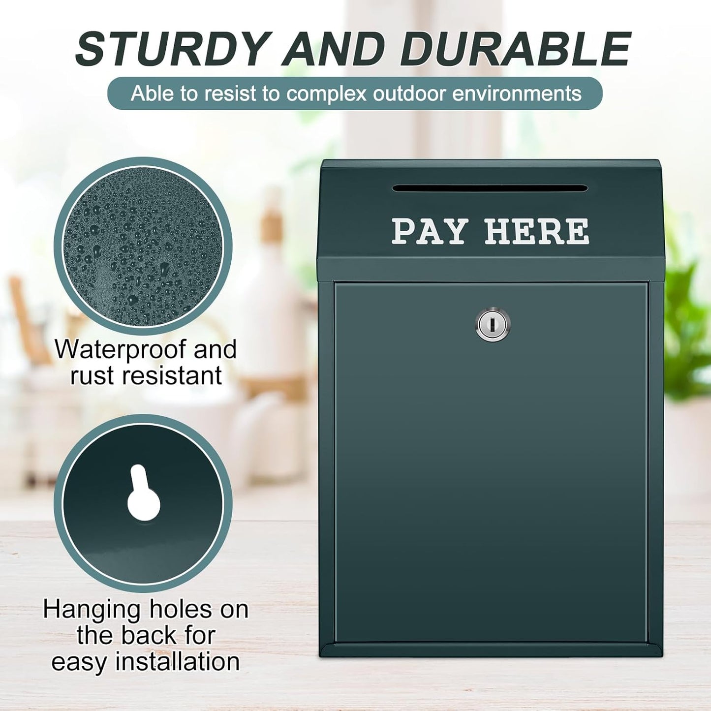 Safe Cash Box Money Collection Metal Donation Box with Lock Wall Mount Pre Drilled Mailbox Delivery Ballot for Home Office Outdoor Self Serve Stand (Dark Green,11.8 x 8.6 x 4.7 Inch)