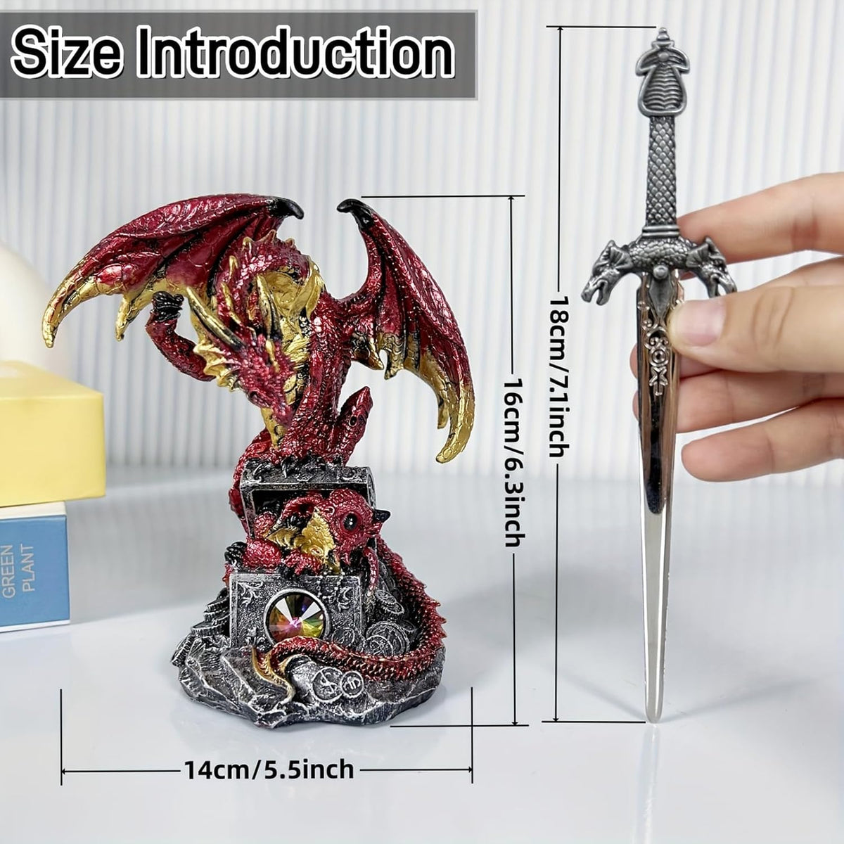 Dragon with Sword Collectible Statue Fantasy Figurine Resin Medieval Dungeons Creative Ornaments for Home,Shelf,Living Room Decor 7.68 Inches (Red)