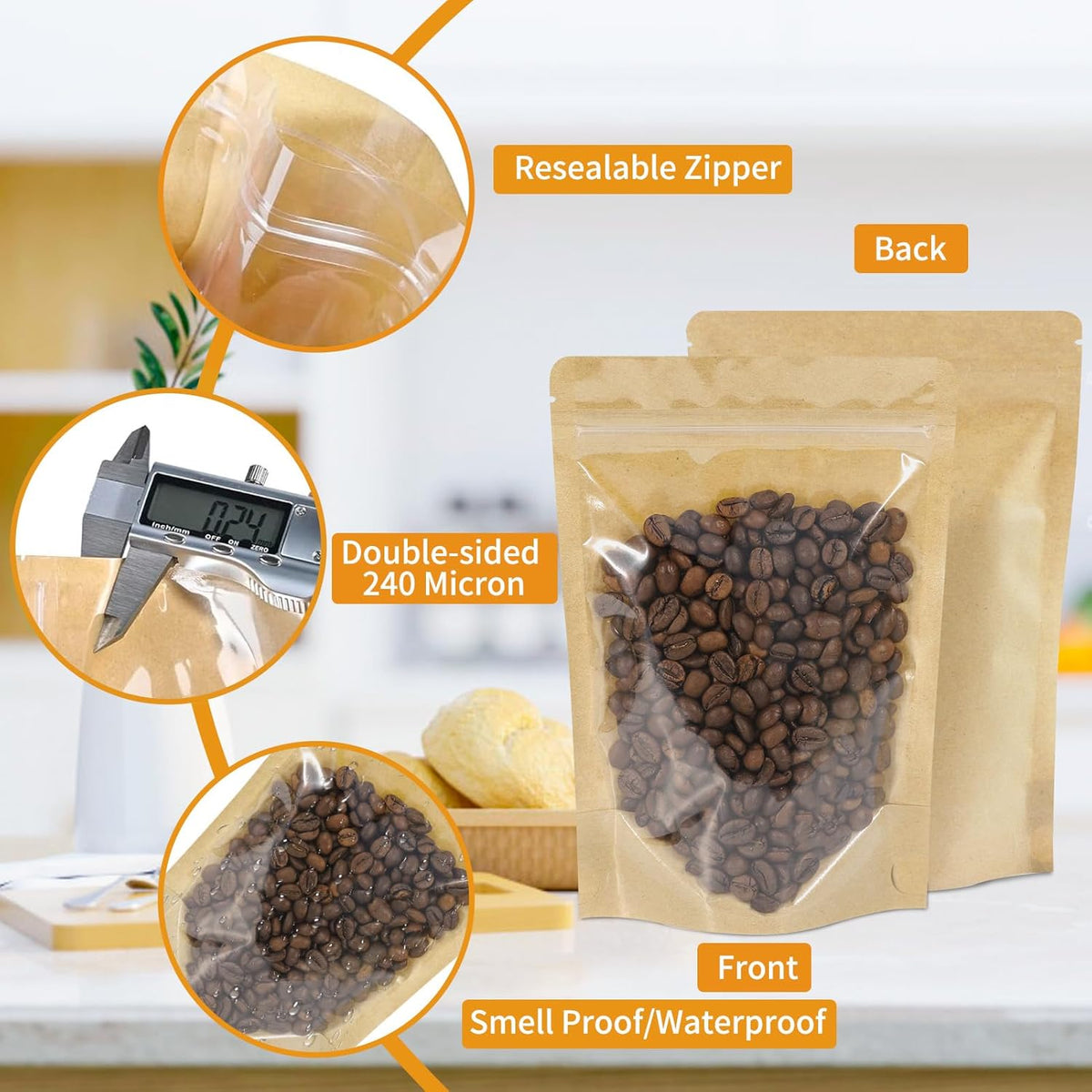 100 PCS Resealable Bags, Stand Up Kraft Bags with Window Clear Front Pouches, Zipper Lock Food Storage Bags 5.51×7.87 Inch Reusable Sealable Bags for Packaging