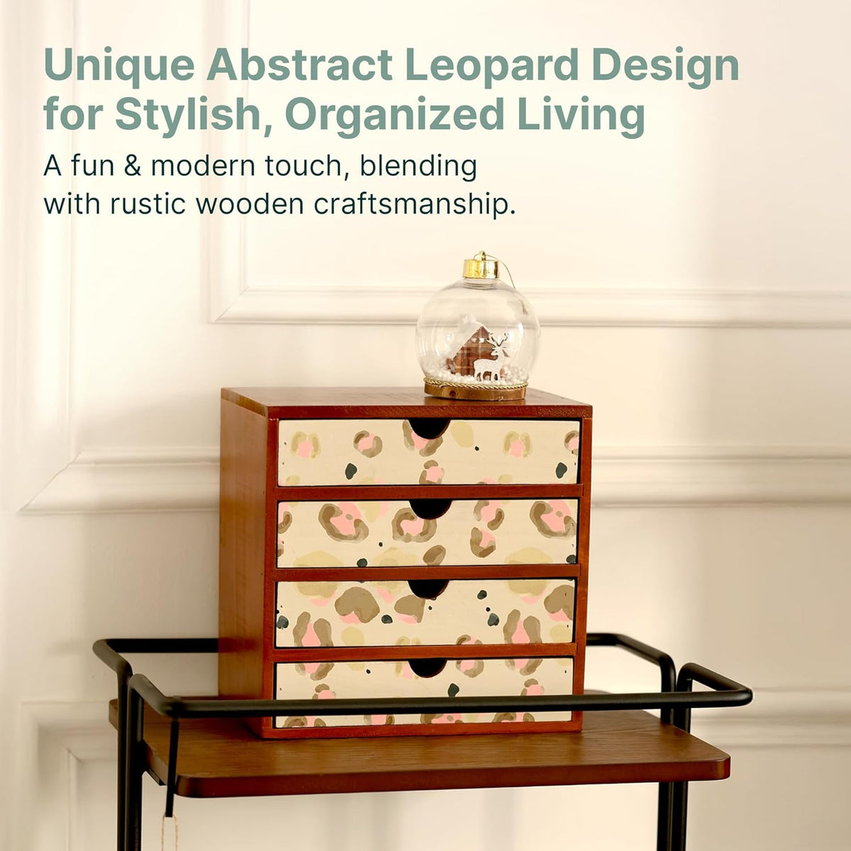 Leopard Print Wooden Desk Organizer - Animal Pattern 4-Drawer Desktop Storage - Modern & Rustic Wood Cabinet for Office Supplies, Craft Tools, & Home Organization - Artistic Drawer Unit