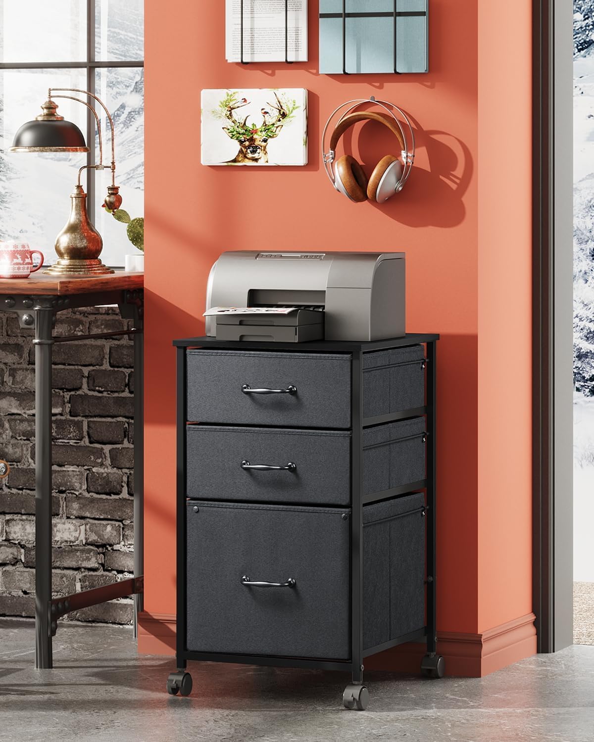 DEVAISE Mobile File Cabinet, Rolling Printer Stand with 3 Drawers, Fabric Vertical Filing Cabinet fits A4 or Letter Size for Home Office, Black